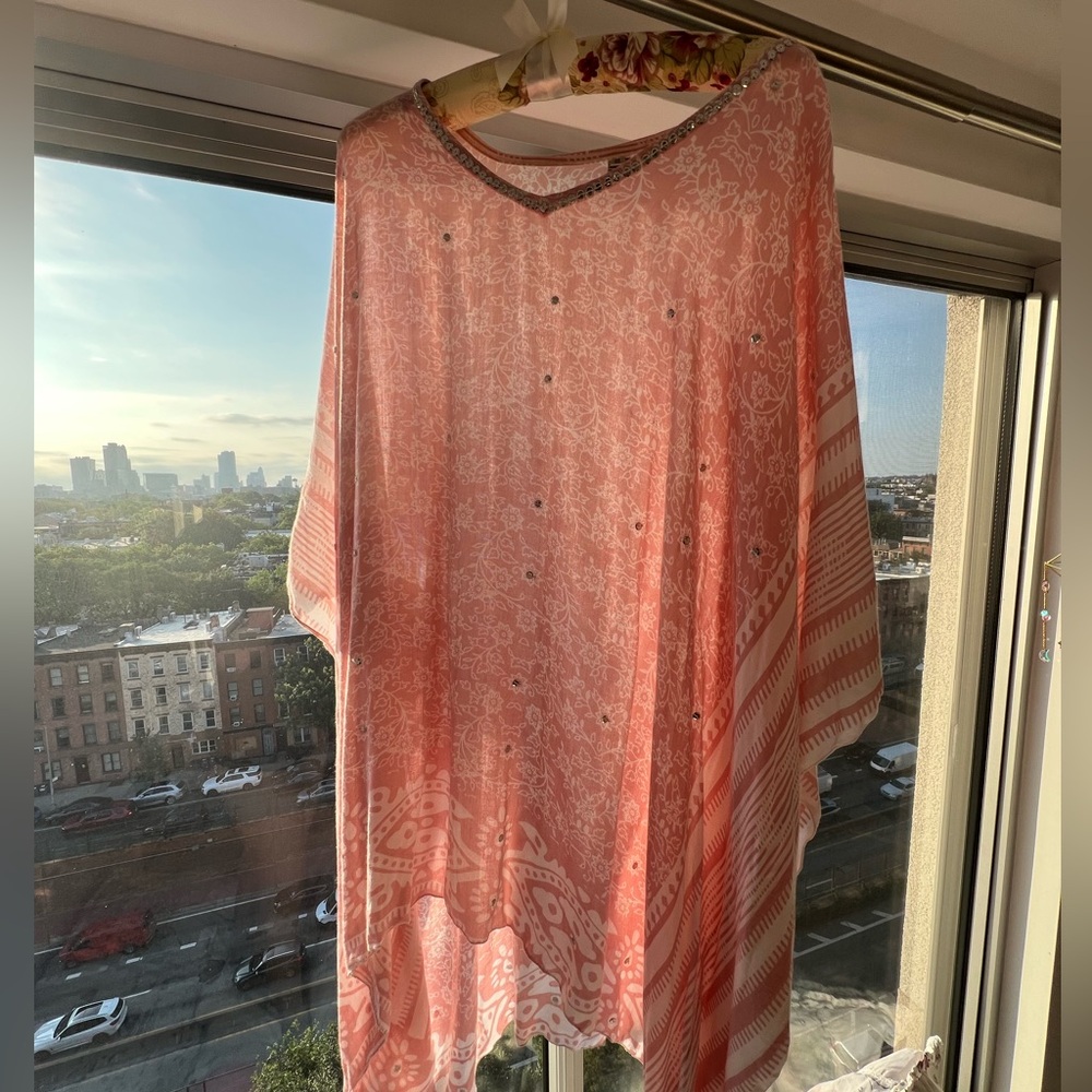 Artisanal Pink Indonesian Tunic with Sequins, OS